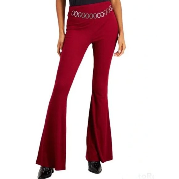 Just Polly Ribbed Flare Bell Bottom Belted Pant Burgundy Medium - Picture 1 of 6